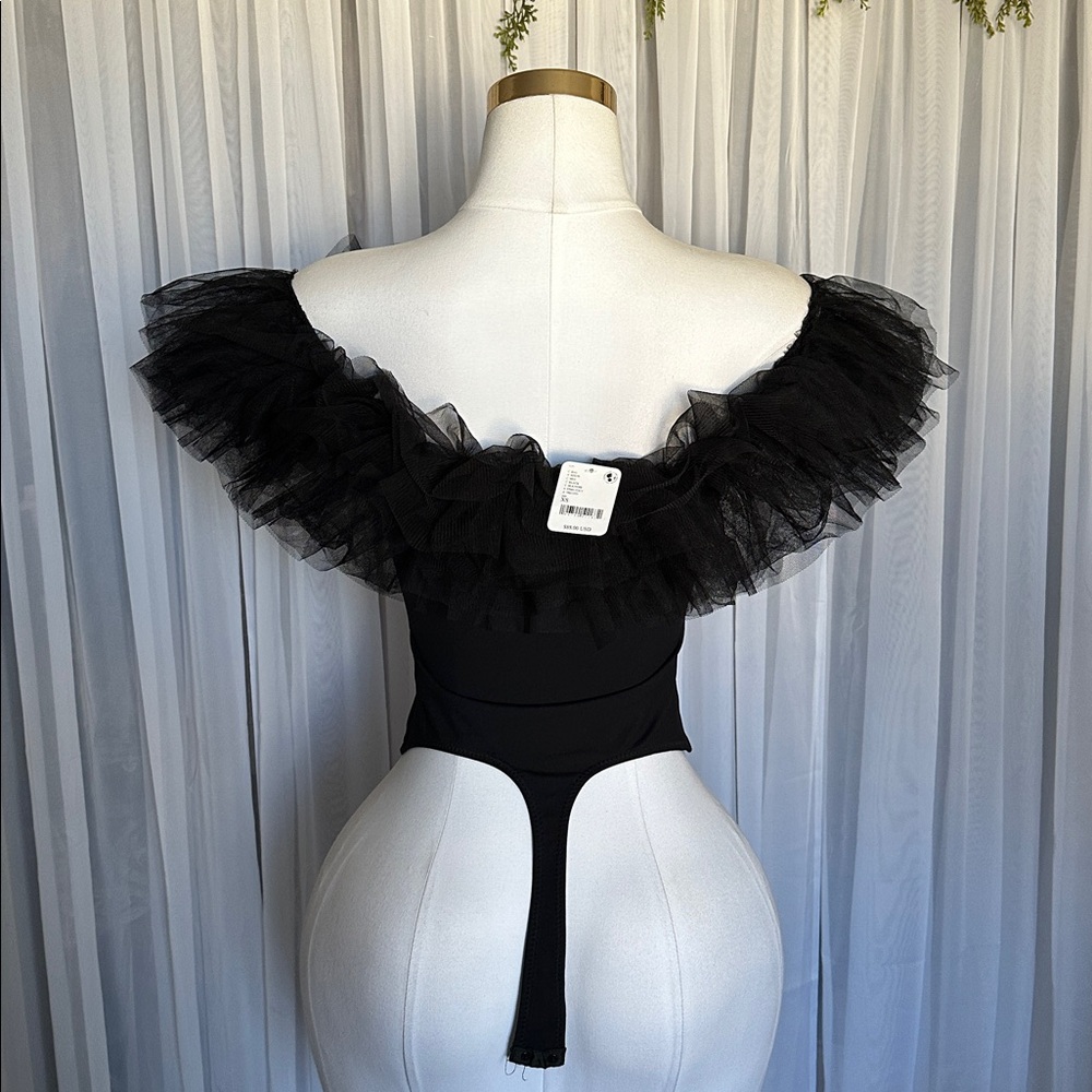Free People Black Ruffled Off-Shoulder Tulle Bodysuit - Picture 8 of 8